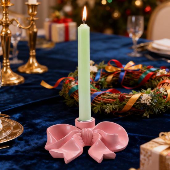 Pink Bow Ceramic Candle Holder Taper Candle Stand Candlestick Table Centerpiece Holiday Party Home Office Desktop Decoration