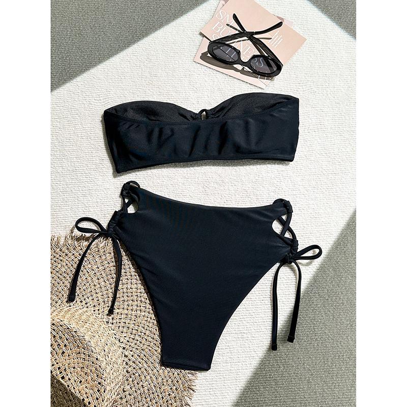Bandeau Bikinis Women Sexy Drawstring Swimsuit Solid Swimwear Padded Bathing Suit Female Bathers Swimming Swim Beachwear