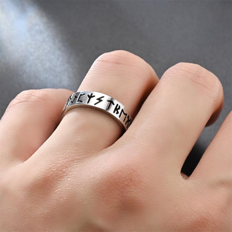 6MM Stainless Steel Hollow Out Ring for Men Women Fashion Hollow Rune Design Finger Anillo Antiestres Anxiety Rings