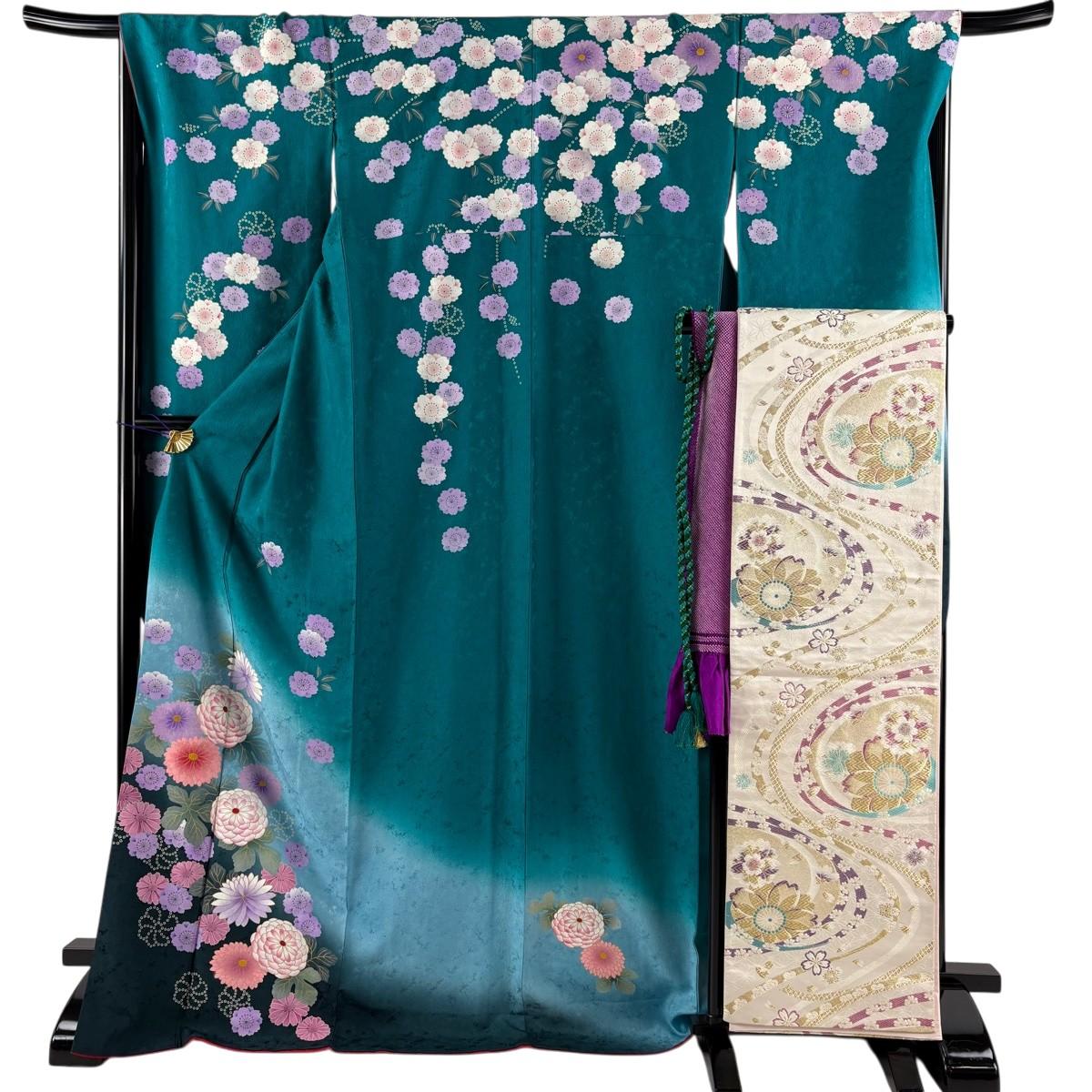 

Furisode, length 175cm, sleeve length 67cm, full set of sleeves, chrysanthemum, cherry blossom, gold, dyed, blue-green, pure silk, excellent item