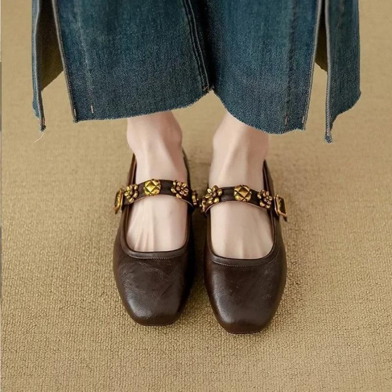 Fashion French Style Flat Ballet Shoes Women's Mango Head Soft Retro Mary Jane Shoes Leather Version Low Heel round Toe Rubber Sole