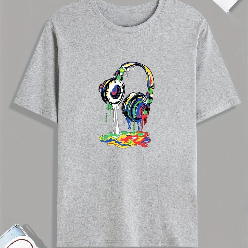 Dripping Color Headphones Graphic Tee Men Cotton Casual Short Sleeve O Neck TShirt