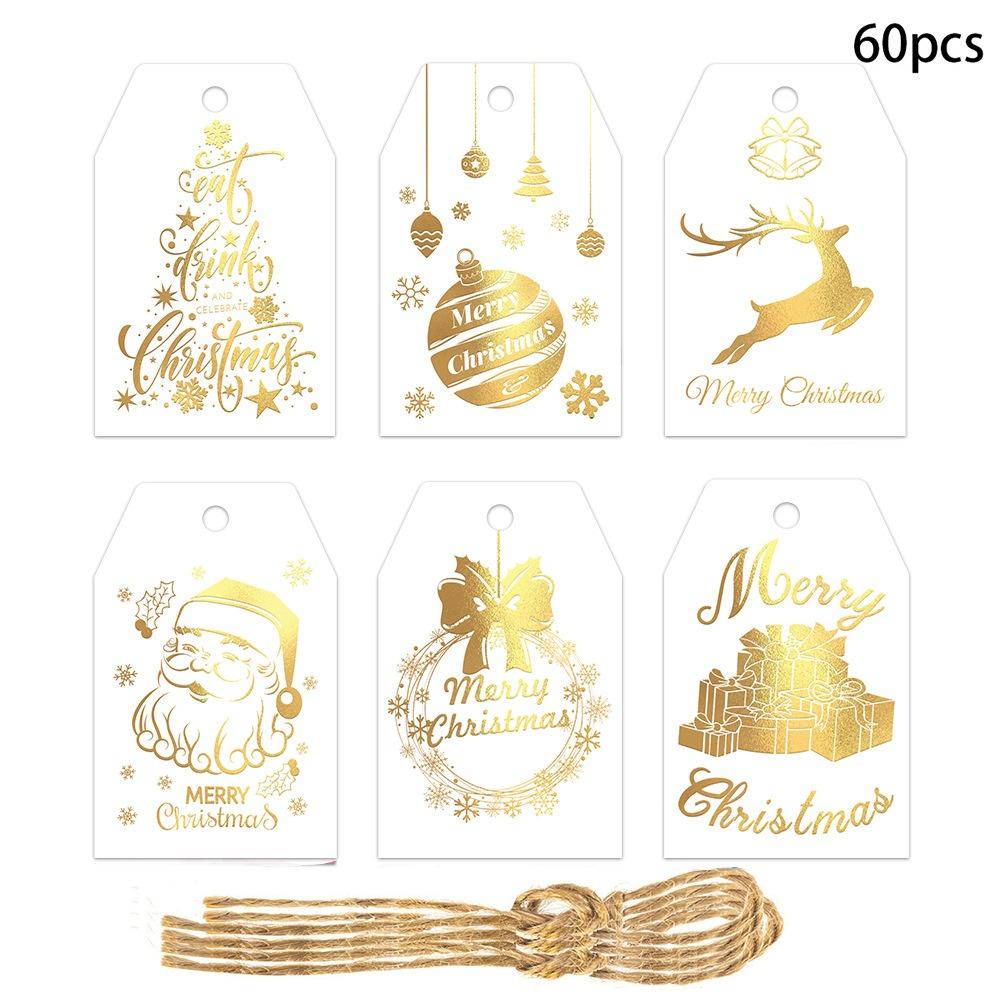 60pcs with Strings Paper Cards Labels Hot Stamping Process Paper Hanging Tags Christmas Decoration