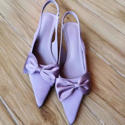 Sandali da Donna Viola Temperamento Raso Fiocco a Punta Dietro Vuoti Sandali da Donna Nuovi Punta Stiletto Tacco Scarpe da Donna