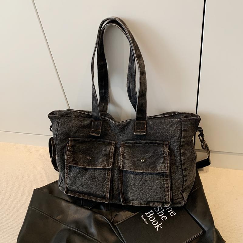 Denim Tote Bag for Women – Vintage Bag with Front Pockets & Adjustable Shoulder Strap – Perfect for Casual & Daily Use