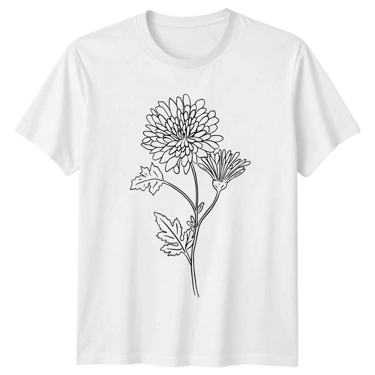 Chrysanthemum Flower Line Art Drawing T-Shirt Chrysanthemum Botanical M