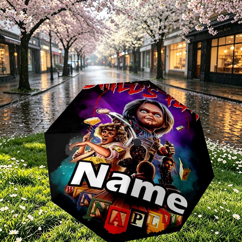 Custom Name Personalized Horror Movie Print Umbrella, Auto Open Close, 8‑Rib Sturdy Frame, Commute Camping Hiking Use, Birthday Gift