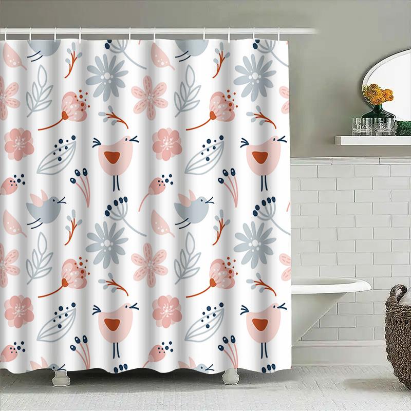 Beautiful Pink Floral Birds Shower Curtain Perfect For Bathroom Decor!