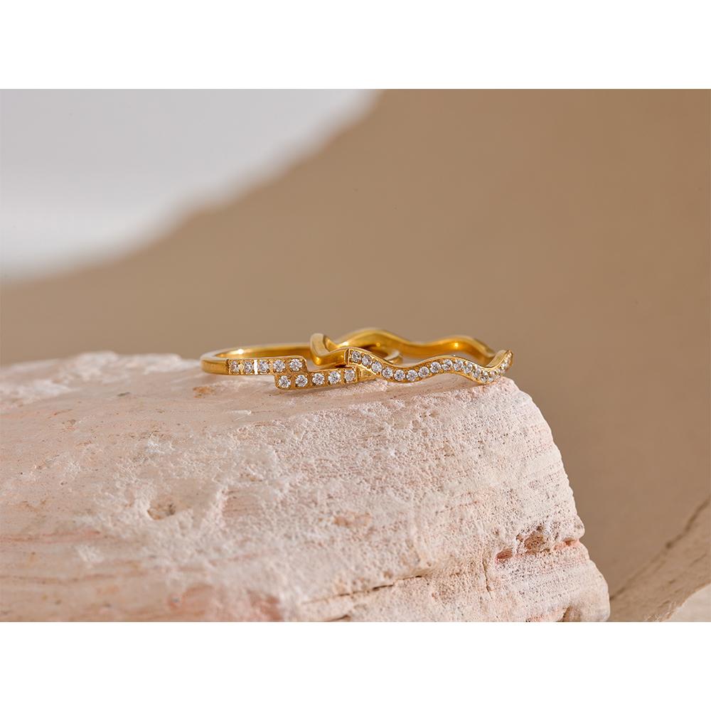 Yhpup Thin Stainless Steel Cubic Zirconia Chic Golden Ring 18K PVD Plated Rust Proof Delicate Zircon Finger Jewelry for Women