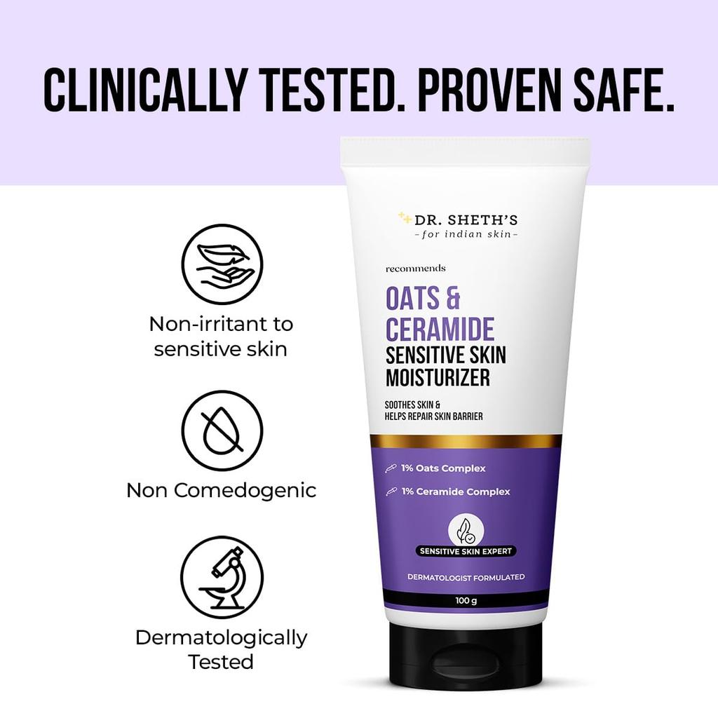 Dr. Sheth's Oats & Ceramide Sensitive Skin Moisturizer 100 G | Oil-Free Lightweight Hydration for Men & Women