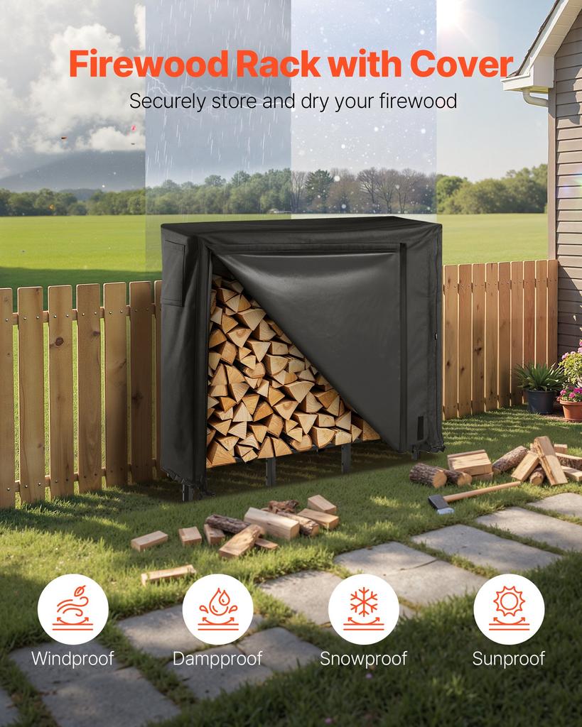 VEVOR Firewood Rack with Waterproof Cover, 1.22m Outdoor Firewood Holder, 1/4 Cord Storage Metal Log Holder, 400lb Max Weight Capacity, Full Covered