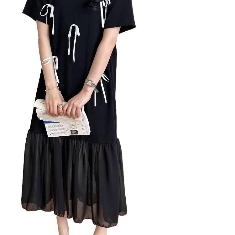 Summer Elegant Knit Dress With Puff Sleeve And Splicing For Casual Wear
