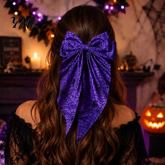 Holiday Themed Hair Accessories for Women Halloween Bow Clip Girls, Spider Web Barrettes Chic Satin Bows with Streamers Clips, Large Bowknot