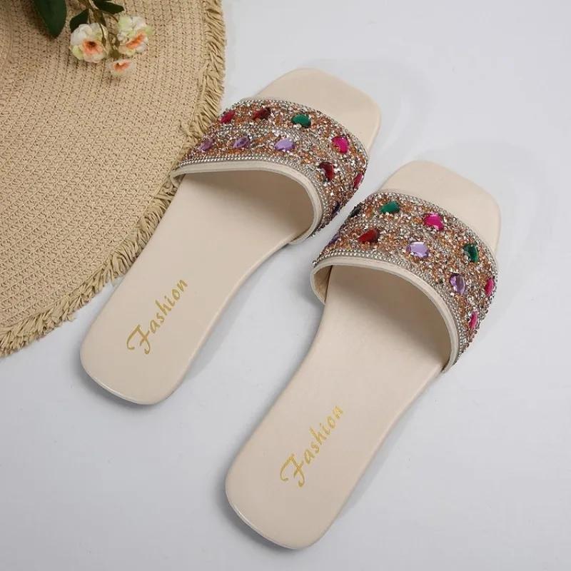 2024 High Quality Ladies Shoes Summer Women's Slippers Square Toe Mixed Colors Brilliant Diamond Open Toe Low-heeled Slippers