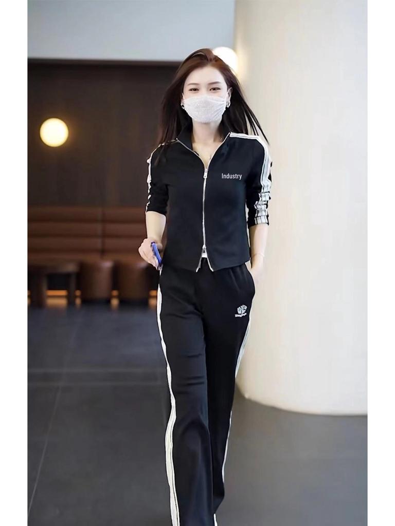 Damski dwuczęściowy strój jesienny 2025 w koreańskim stylu, szykowny: Garnitur: Kurtka ze stójką i spodnie z szerokimi nogawkami