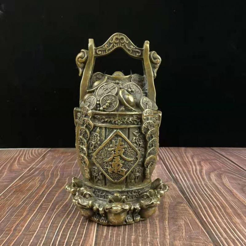 Brass Bucket Of Gold Yuanbao Golden Toad Fortune Gourd Home Store Craft Gift Ornament aboutDiameter13High2