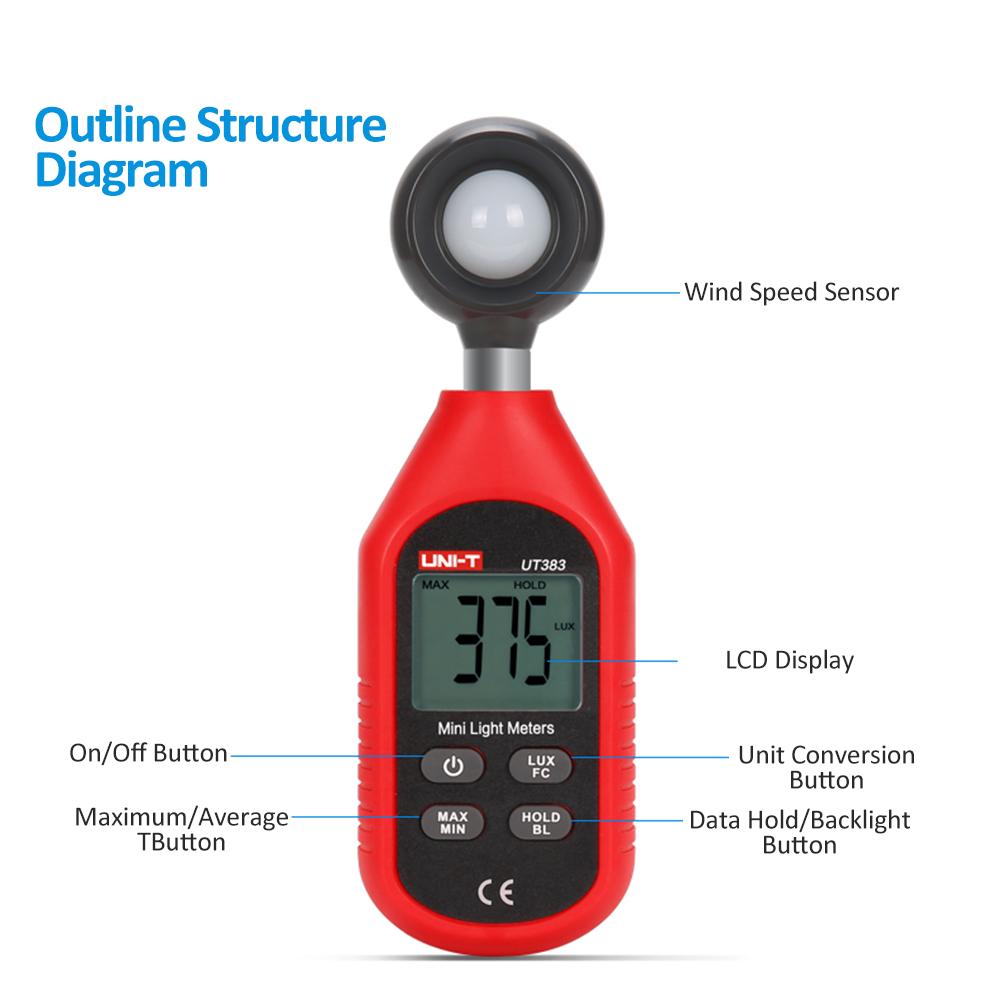 UNI T UT383 Mini Misuratore di Luce Lumen Luxmetro Digitale Luminanza 0 199.999Lux Apparecchiatura per Test Ambientali Portatile
