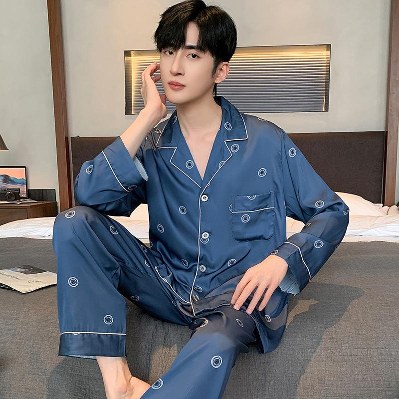 Pajamas Suit Men Summer Ice Silk Short Sleeved Long Pants Thin Male Satin Sleepwear Youth Homewear Set Gentlemen