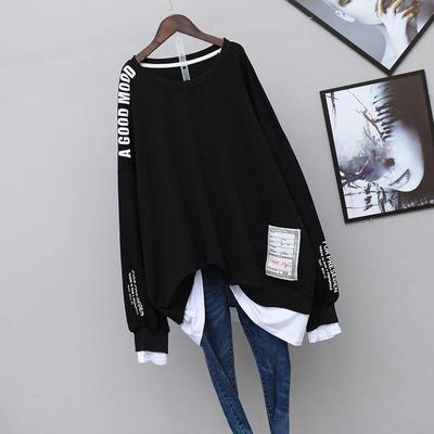 Dames Plus Size Letters Streetwear Oversized Lange Mouw Patch Fake 2-Delige Sweatshirt Casual Pullovers Tops Dameskleding