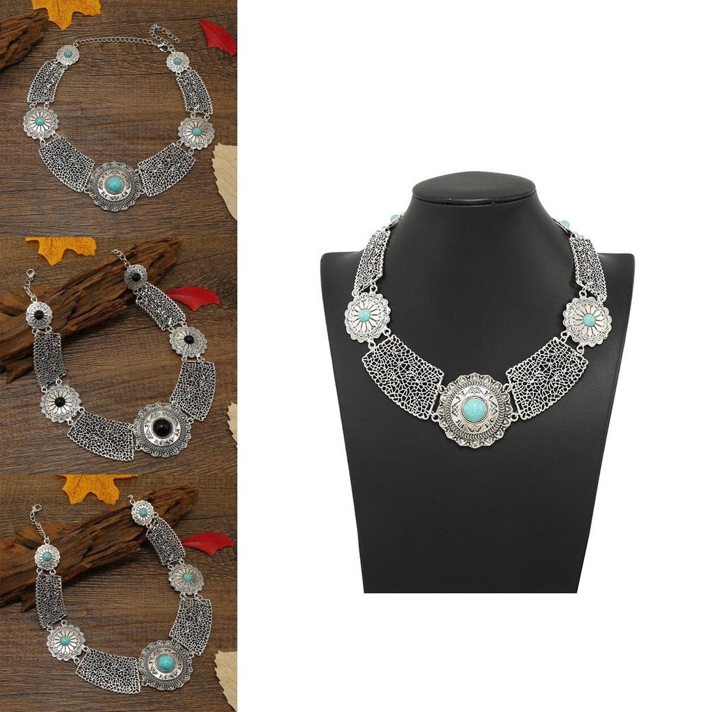 Ethnic Style Simulation Gemstone Decoration Hollow Design Women Metal Necklace For Gift And Commemoration