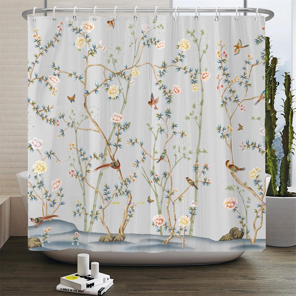 Flowers Birds Bath Curtain Waterproof Fabric Shower Curtains Floral Leaves Landscape Printing Bathroom Screen Home Decoration