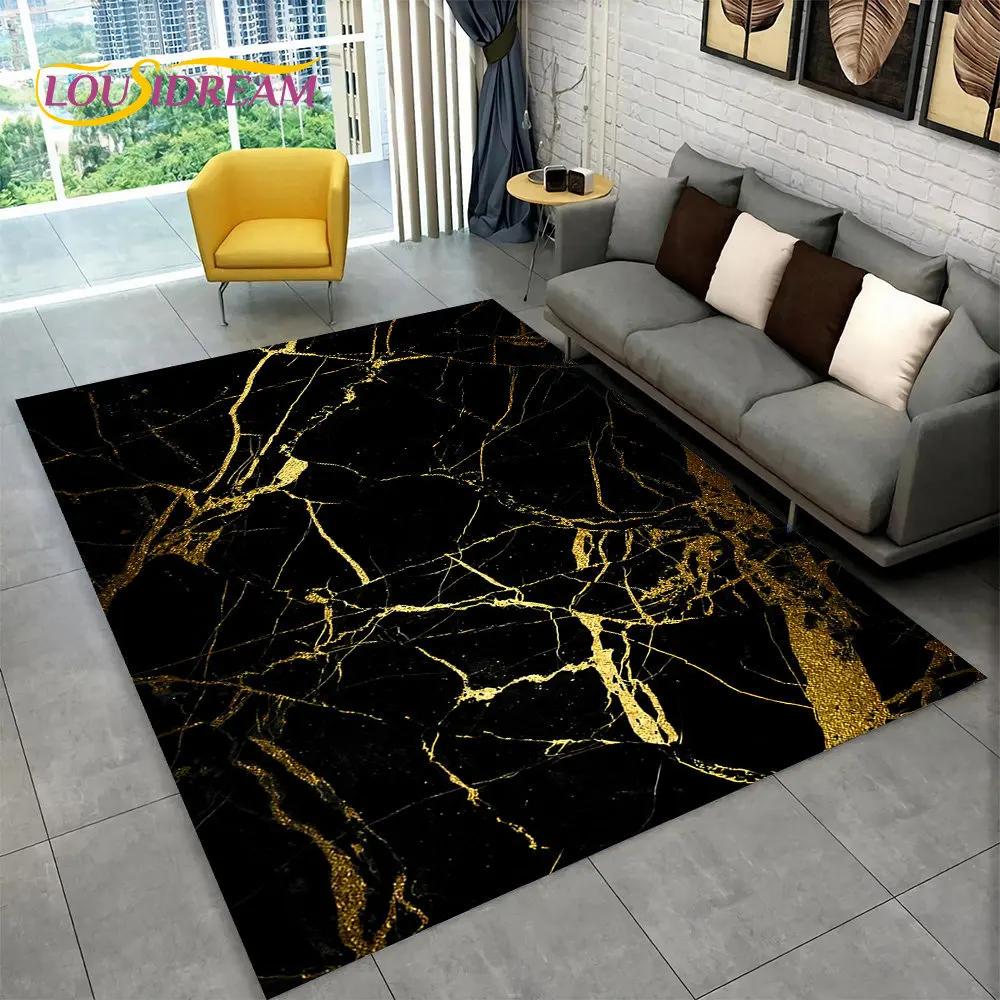 Nordic Blue Golden Colour Marble Geometric Area Rug,Carpet Rug for Living Room Bedroom Sofa Doormat Decor,Kid Non-slip Floor Mat