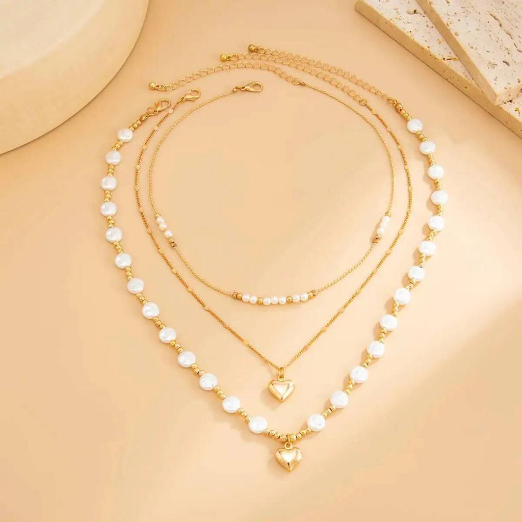 Ingemark Exquisite Imitation Pearl Love Heart Pendant Necklace Women Multilayer New Elegant Metal Clavicle Chain Boho Jewelry