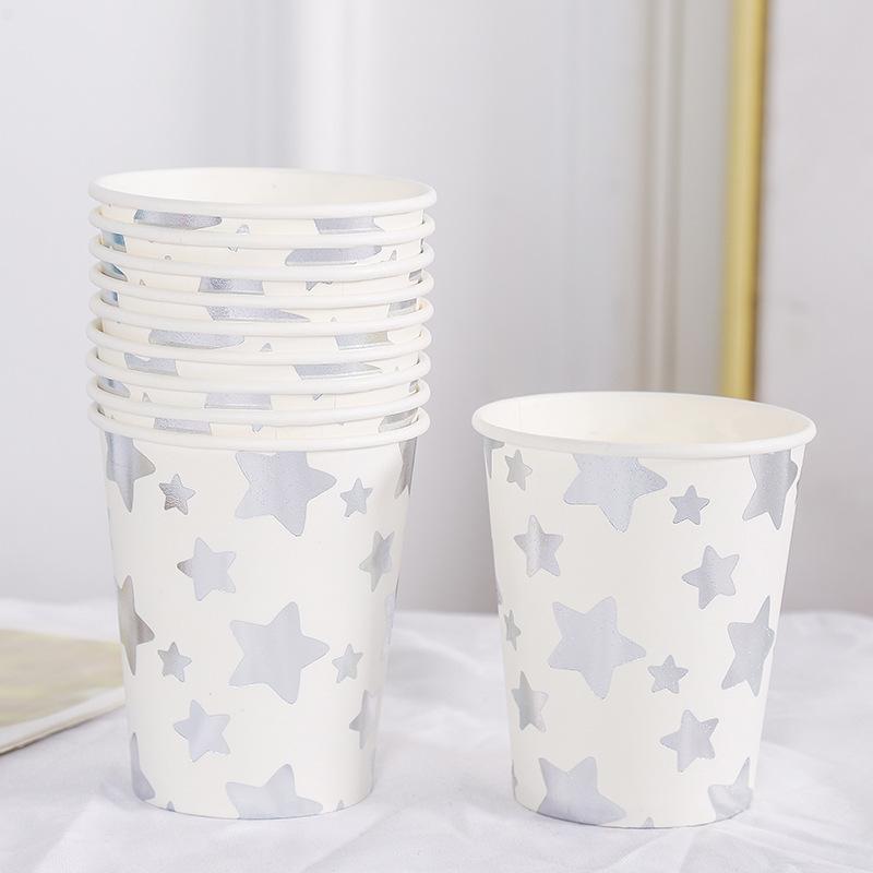 10 pezzi per 1 lotto Set di stoviglie monouso a righe blu rosa con pois Bicchieri di carta Piatti Cannucce Forchette Set monouso Decorazioni per feste di compleanno e matrimonio