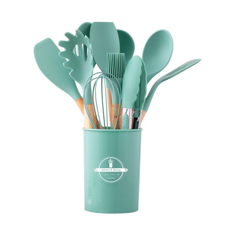 780g Silicone Kitchen Non-Stick 12-Piece Cookware Set with Wooden Handle Spatula Turner, Barrel Packaging