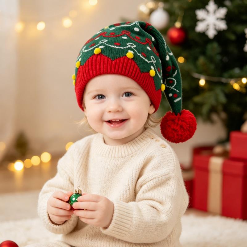 Unisex Adult Kid Christmas Jacquard Knitted Beanie Winter Warm Ear Protection Yarn Hat Family Matching Holiday Costume Pullover Hat for Christmas