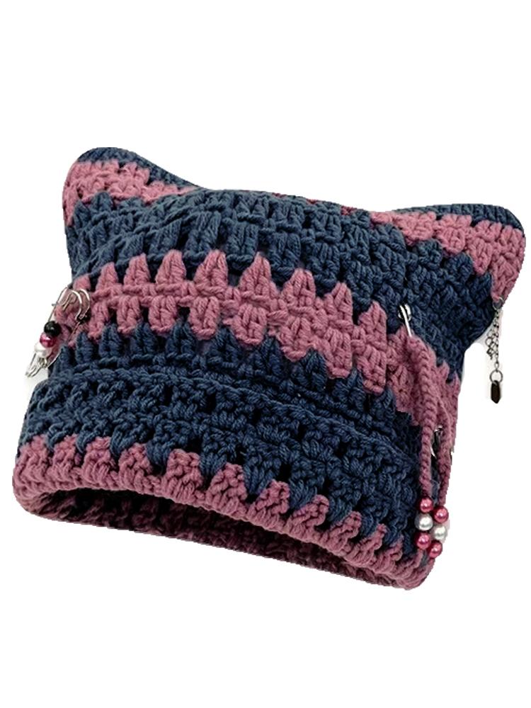 Neutral Hand Crocheted Knitted Pullover Hat with Detachable Metal Pin Tassel Y2K Street Fashion Hip Hop Hollowed Punk Style