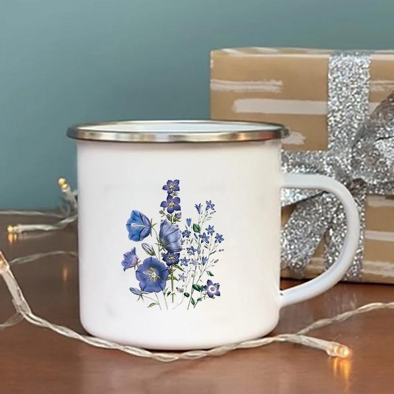 No Rain No Flower Print Enamel Mugs Creative Vintage Coffee Wine Cup Drinks Dessert Milk Cup Camping Mugs Handle Drinkware Gifts