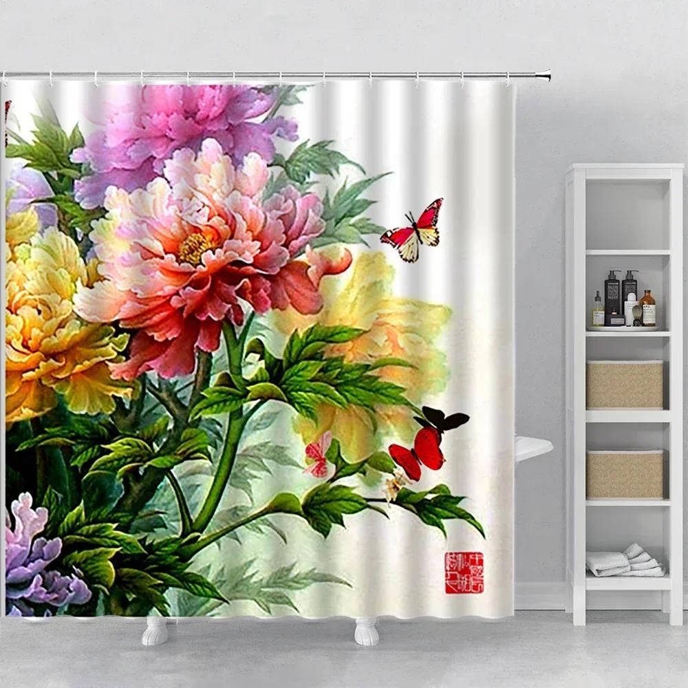Asian Shower Curtains Sets Natural Cherry Flowers Trees Chinese Japanese Ink Painting Curtain For Bathroom Sakura Fabric Decor