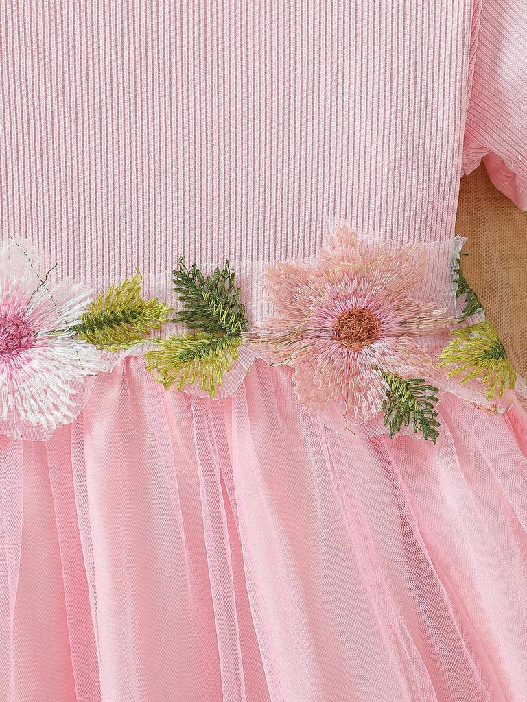 Girls Short Sleeve Pink 3D Flower Tulle Dress Kids Spring Summer Princess Dress