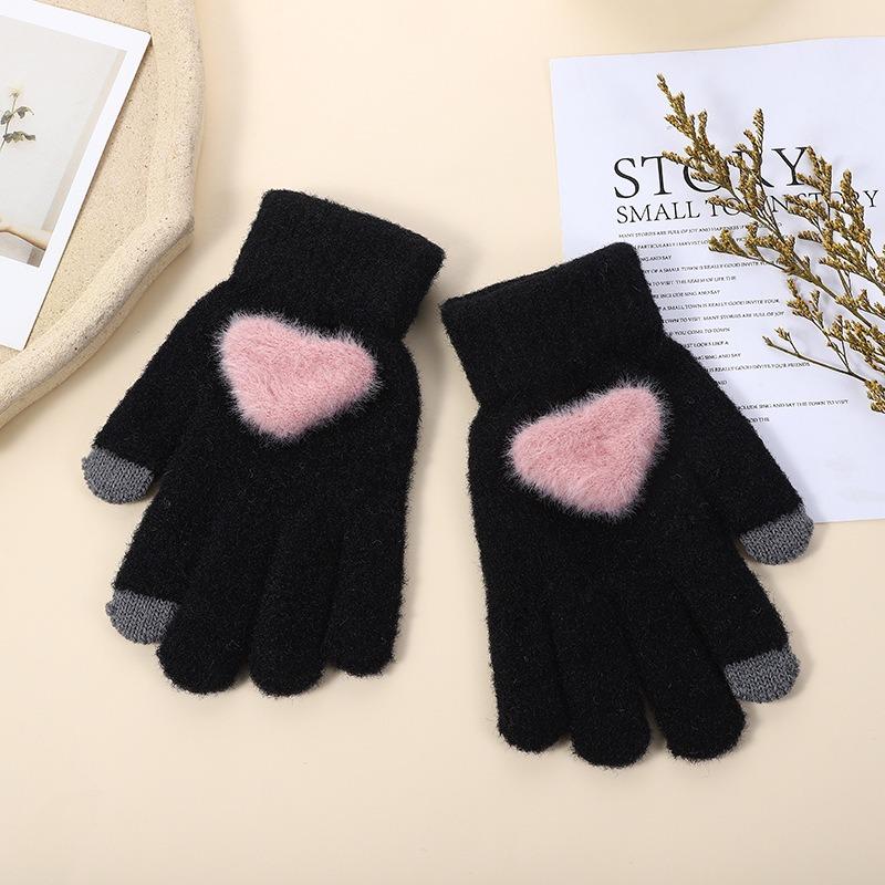 Warm Gloves Women's Five-finger Full-finger Gloves Peach Heart Meng Knitted Velvet Middle School Student Cold-proof Gloves Love Hands