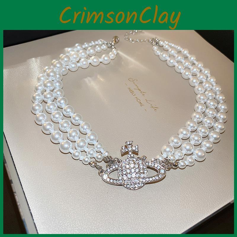 High-end Korean Style Multi-layered Pearl Necklace With Saturn Pendant