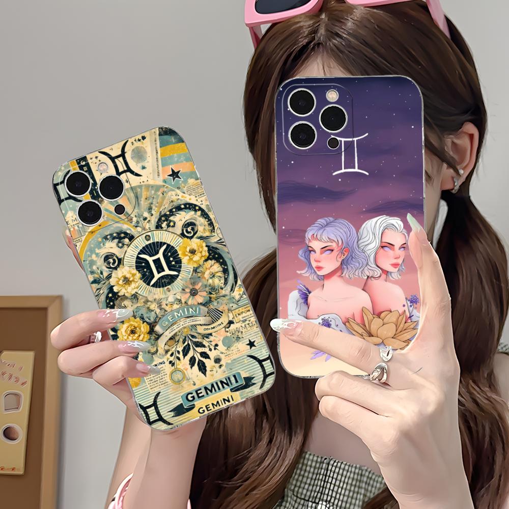 Zodiac Sign Gemini Mobile Phone Case for iPhone 17 16 15 14 13 12 11 X XR XS Air Pro Max Plus Mini Clear Colorful Cover Luxury