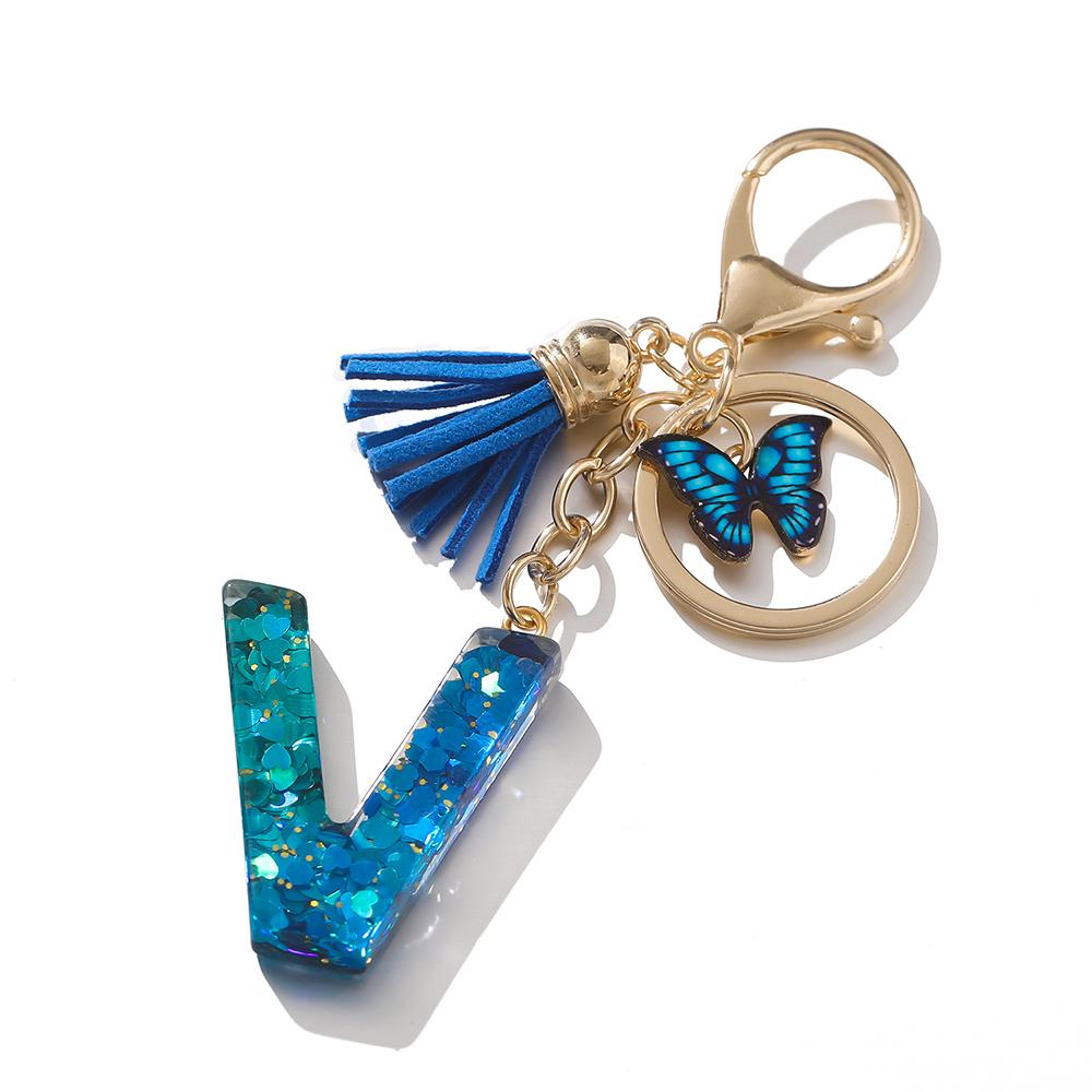 1pc Alloy Alphabet Initial Keychain Royal Blue Butterfly & Tassel Letter Keychain for Backpack Charm Accessory Key Ring Findings