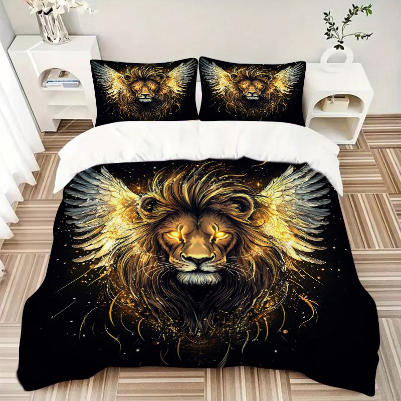 3pcs Golden Winged Lion Quilt Set Cartoon Themed Bed Quilt Set Lovely Character Bedroom Decor Bed Quilt Set Four Seasons (1 Cover + 2Pillowcase N
