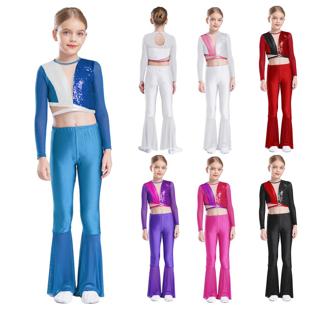 Girls Metallic Sequin Dance Set Long Sleeve Crop Top Paired with Sheer Mesh Bell Bottom Pants Performance Outfit