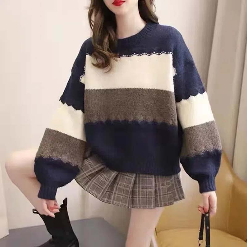 WTEMPO Loose Striped Knitted Pullovers Thin Women Vintage Round Collar Long Sleeve Jumpers Female Harajuku Casual Sweaters