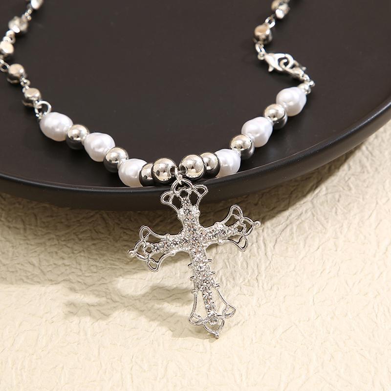 Trend Sweet And Cool Artificial Diamond Cross Pendant Pearl Personality Cool Wild Collarbone Chain Necklace Gift