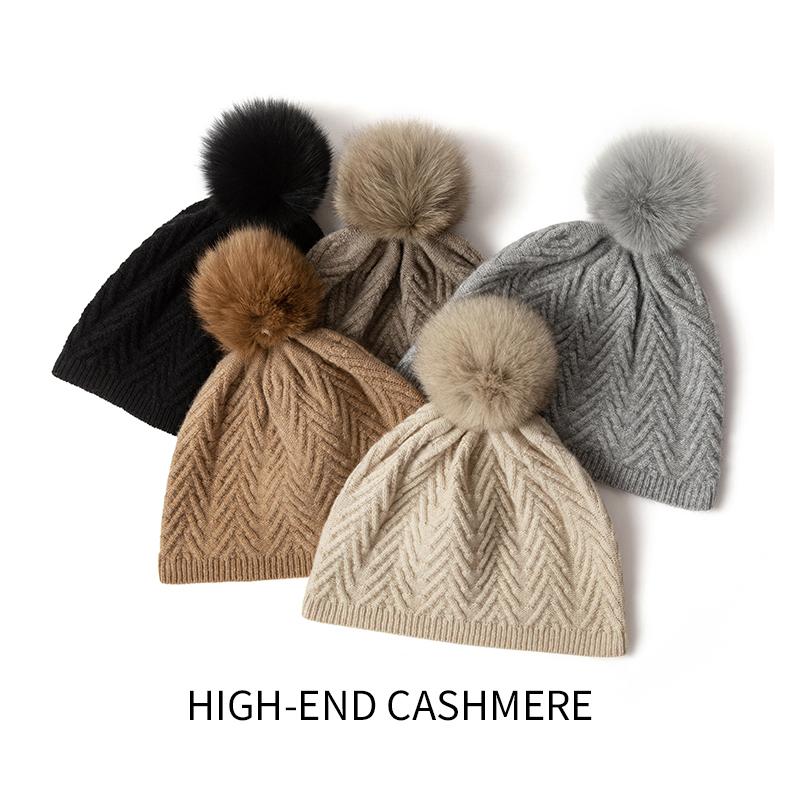 Women 100% Pure Cashmere Solid Color Beanie Hat Pom Pom Detail  Knit Winter Warm Soft Slouchy Skullies Cold Weather Accessory