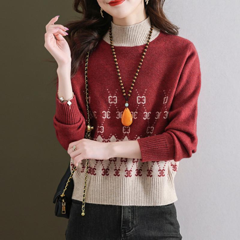 Short Sweater Women's Autumn and Winter Half Turtleneck Knitted Sweater Loose and Casual Long-sleeved Pullover
