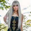 African Women's Long Gray Wig with Air Bangs and Simulated Scalp