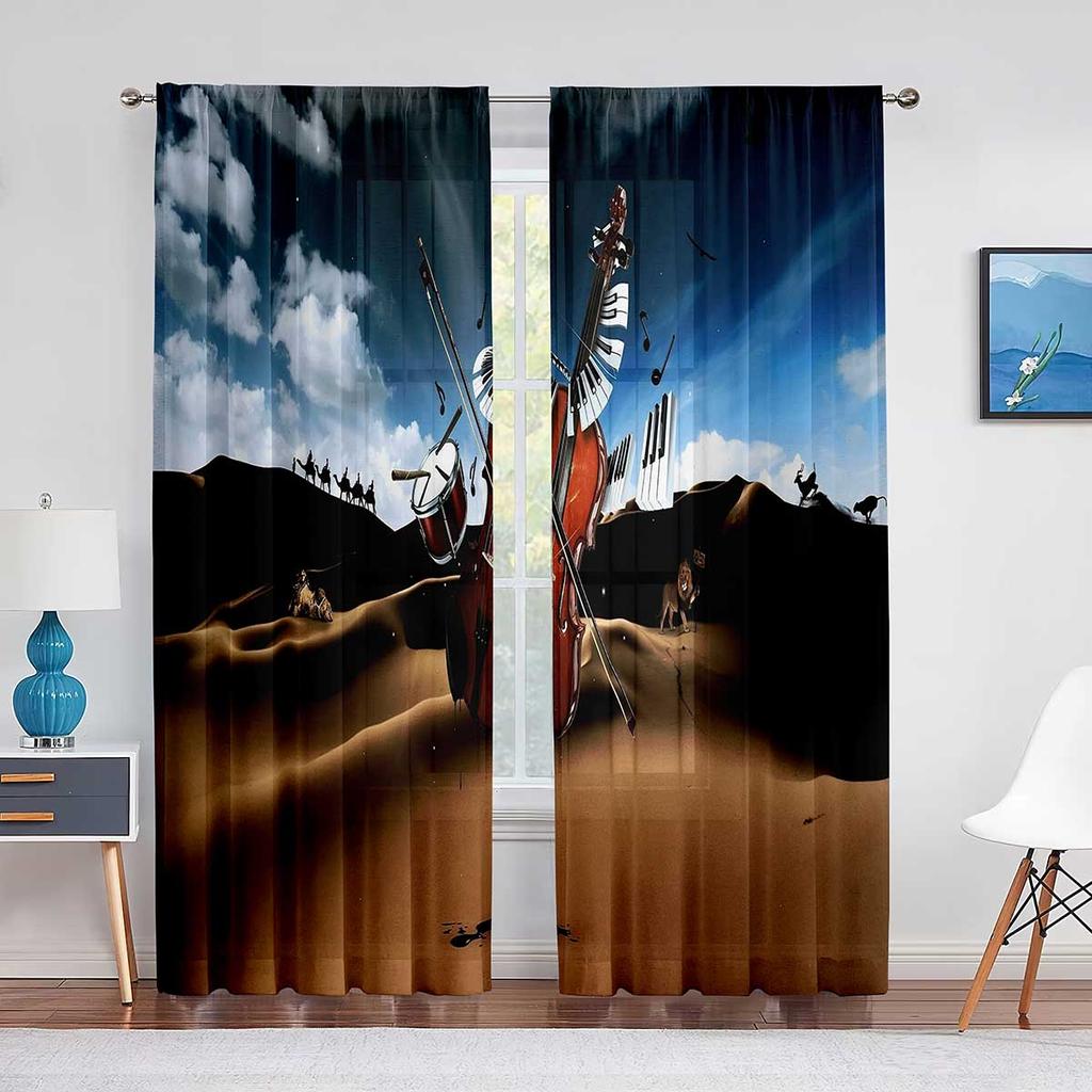 Vintage Fiolin på Trä Skira Voilgardiner för Vardagsrum Sovrum Chiffong Tyllgardiner Kök Fönsterbehandlingar Draperier