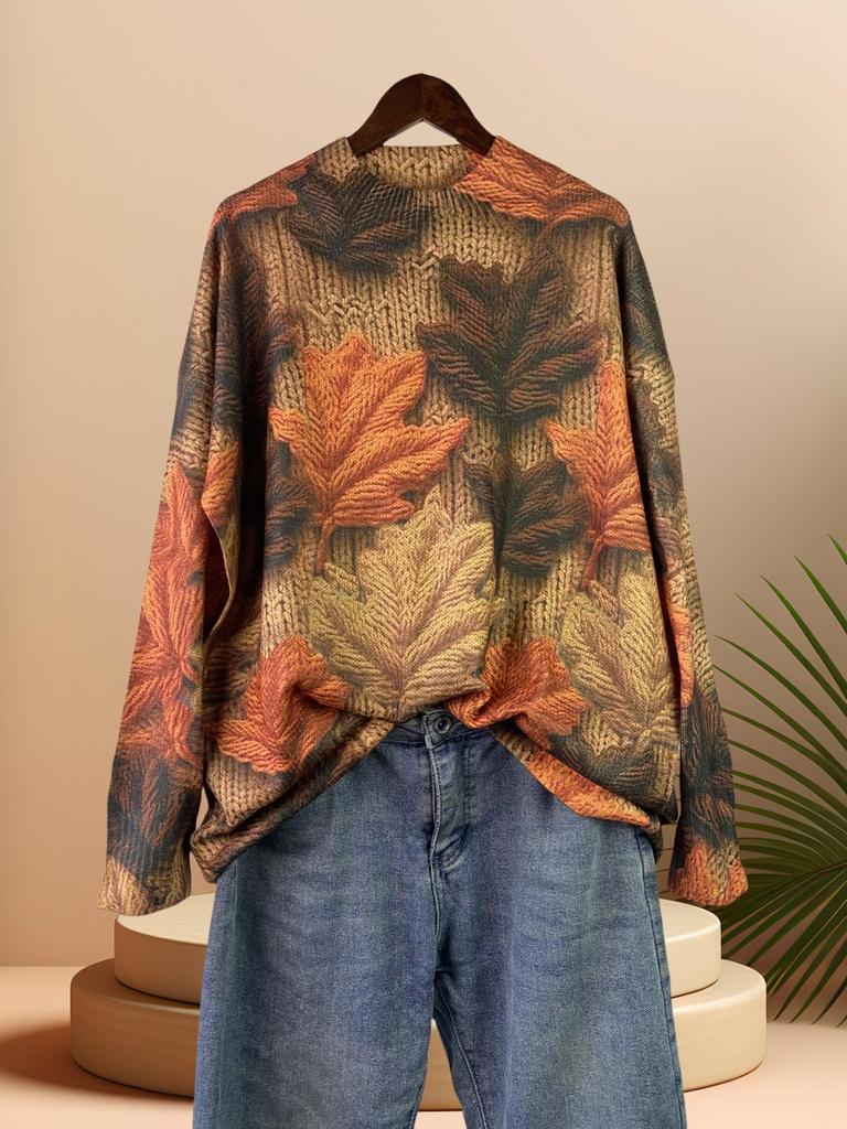 Autumn Women's Maple Leaf 3D Print Round Neck Sweater - Comfortable Long Sleeve Loose Fit Knitwear