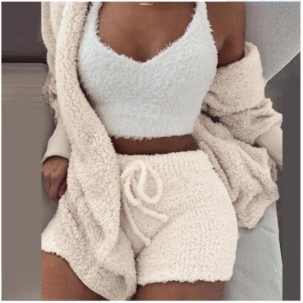 Women's Loose Fit Three Piece Loungewear Long Sleeve Fuzzy Cardigan V Neck Tank Drawstring Waist Shorts Winter Solid Tracksuit
