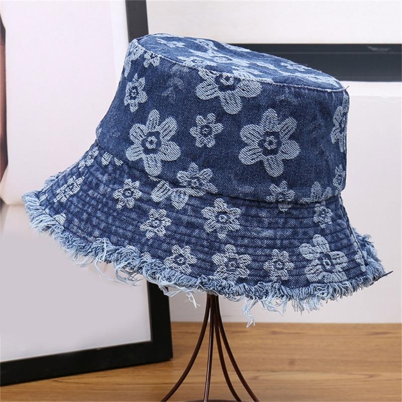 Stylish Distressed Trim Flower Print Fisherman Hat Breathable Bucket Hat for Spring Autumn Daily Outfit Fashion Headwear