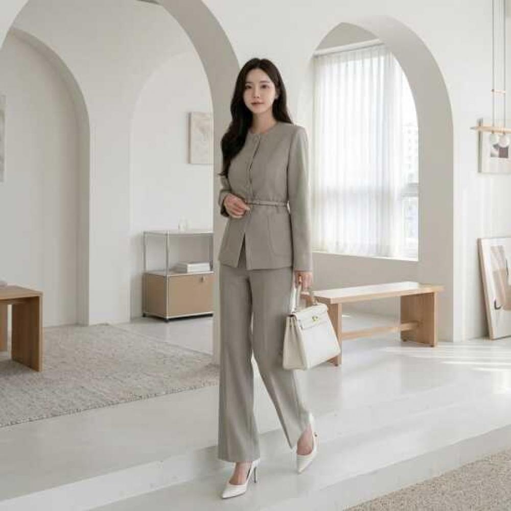 Style Latte Women S Belted pantS Suit No Collar Jacket Stretch SlackS Two Piece